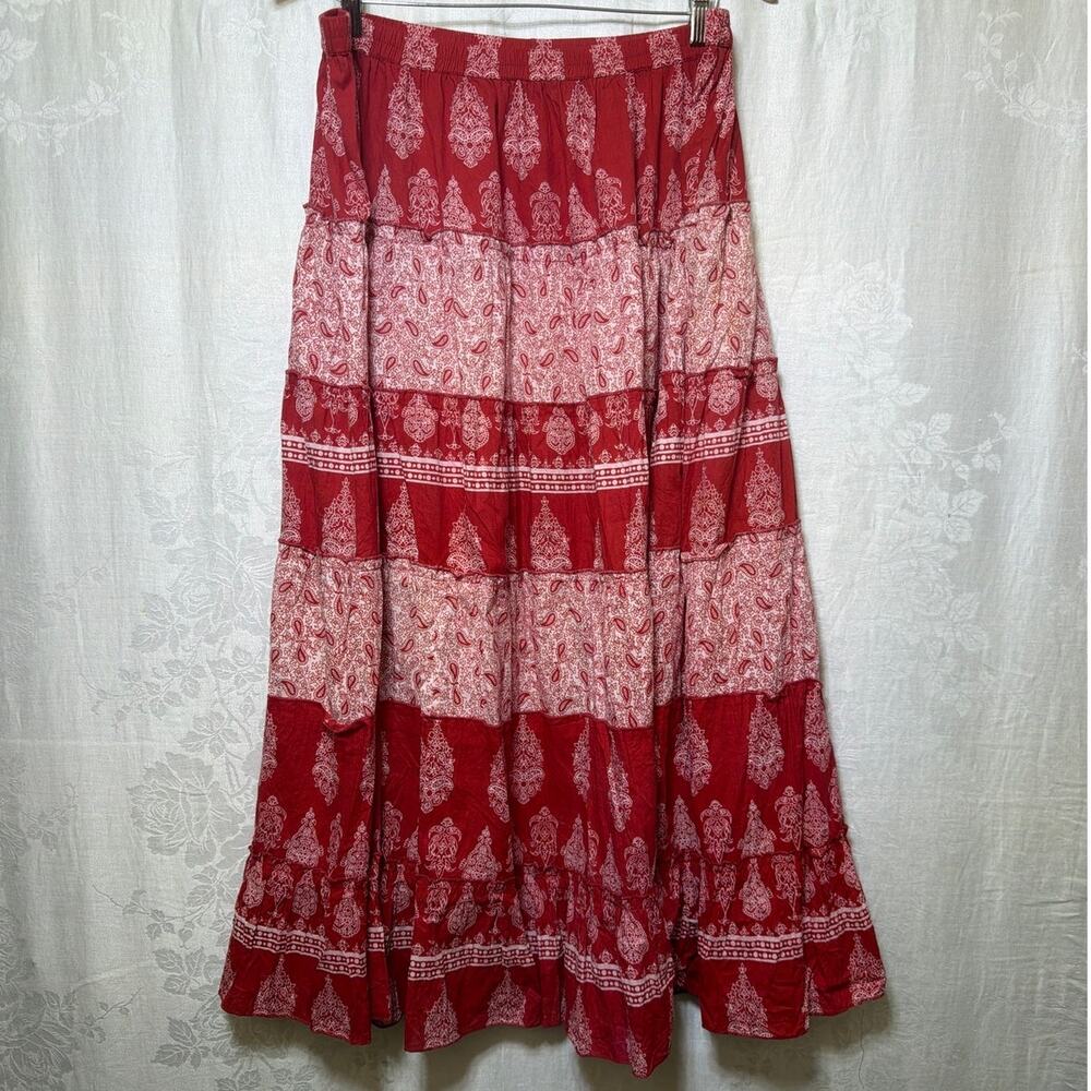 Vtg Maxi Peasant Skirt XL Red White Tiered Pull On Bohemian Flowy Ruffled Hem